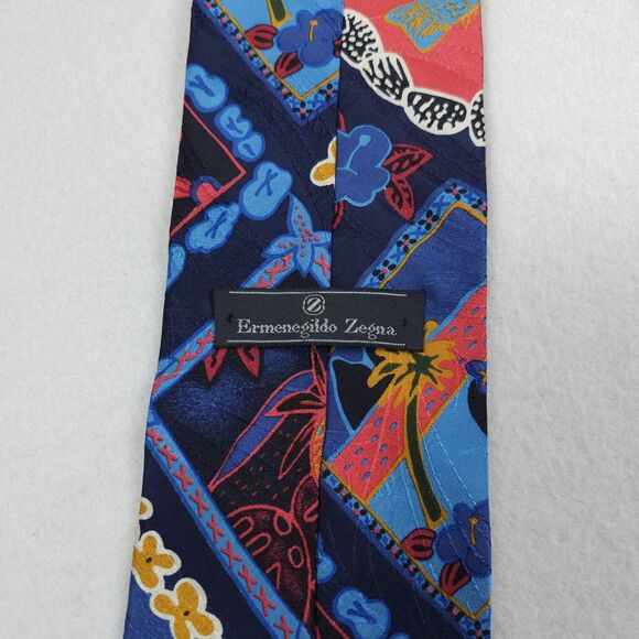 Ermenegildo Zegna Blue Red Neon Floral Print 100% Silk Neck Tie Designer - Picture 4 of 7